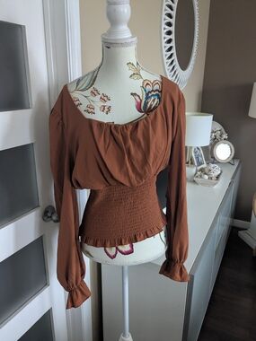 Revamped Smocked-Waist Blouse in Rust Brown